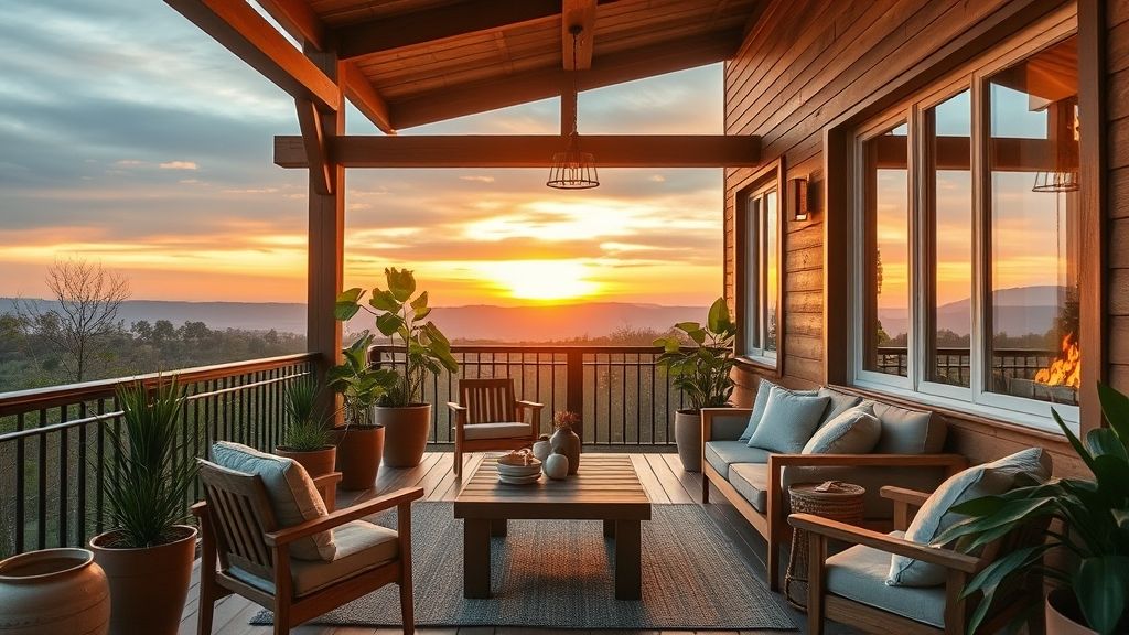 Varanda moderna com toque rústico, iluminação amarelada e decoração natural.