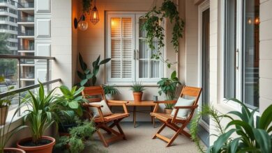Varanda compacta decorada com plantas, luz amarelada e móveis de madeira.