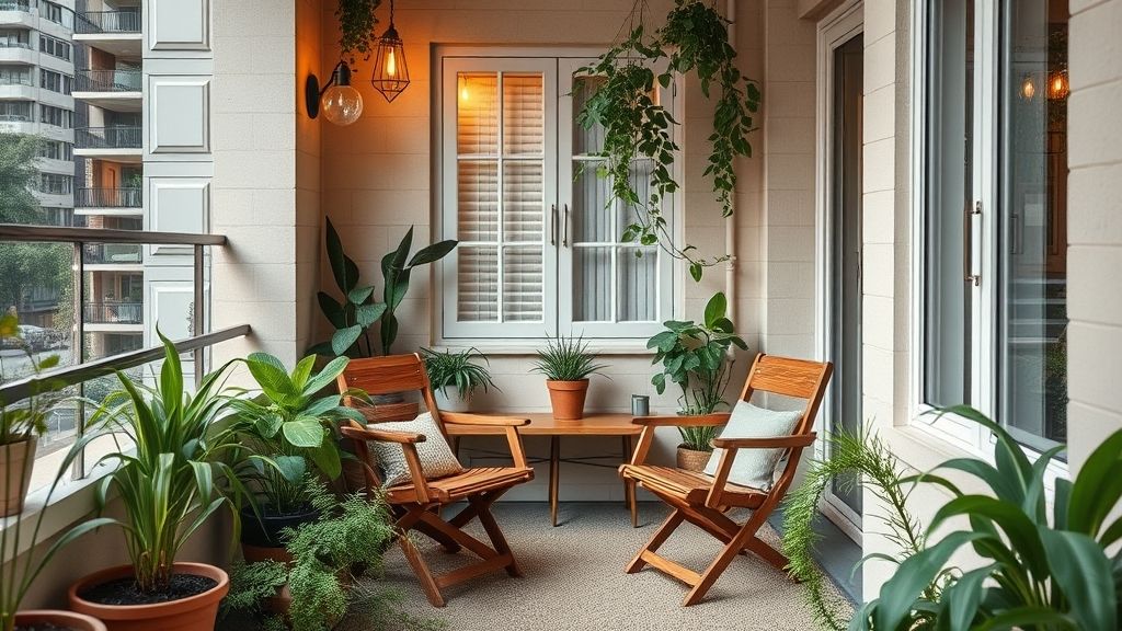 Varanda compacta decorada com plantas, luz amarelada e móveis de madeira.