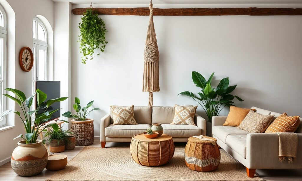 Vista ampla de uma sala de estar com decoração boho, destacando plantas em vasos de cerâmica, macramê e tecidos naturais.