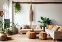 Vista ampla de uma sala de estar com decoração boho, destacando plantas em vasos de cerâmica, macramê e tecidos naturais.