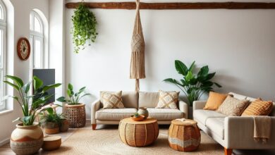 Vista ampla de uma sala de estar com decoração boho, destacando plantas em vasos de cerâmica, macramê e tecidos naturais.