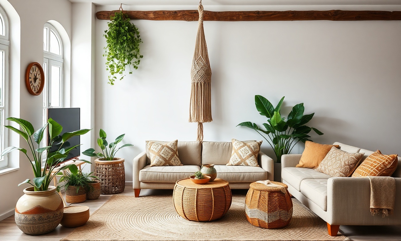 Vista ampla de uma sala de estar com decoração boho, destacando plantas em vasos de cerâmica, macramê e tecidos naturais.