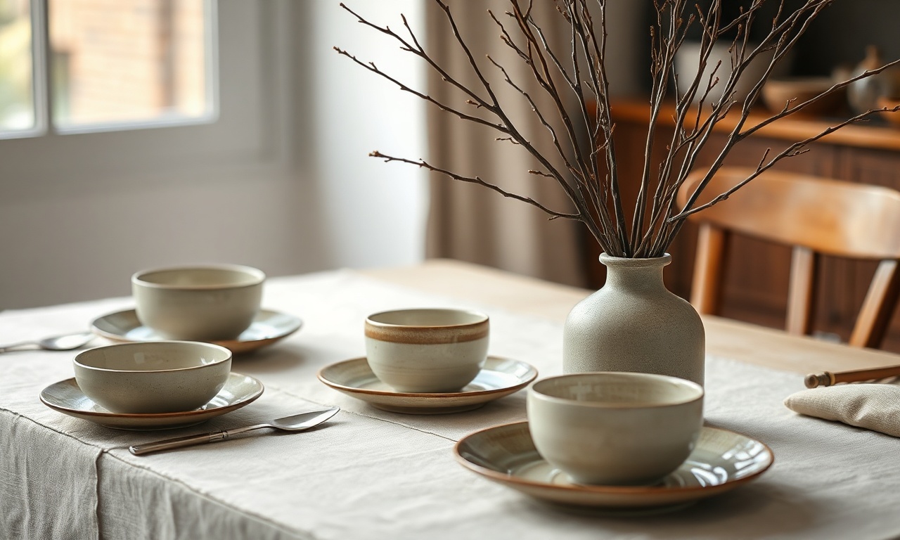 Detalhe de uma mesa de jantar com cerâmica artesanal, toalha de linho e galhos secos em vaso, exemplificando o estilo Japandi.