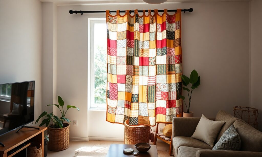 Vista ampla de uma sala de estar brasileira com uma cortina patchwork de tecido reciclado na janela.