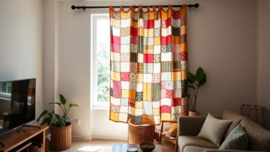 Vista ampla de uma sala de estar brasileira com uma cortina patchwork de tecido reciclado na janela.