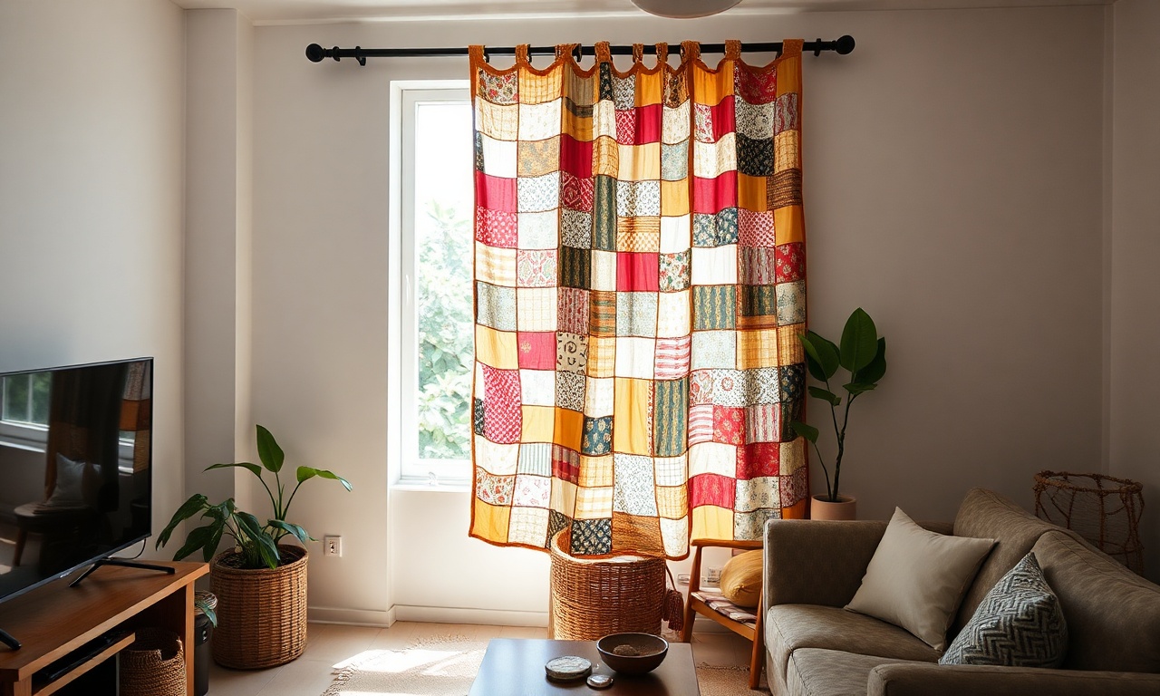 Vista ampla de uma sala de estar brasileira com uma cortina patchwork de tecido reciclado na janela.