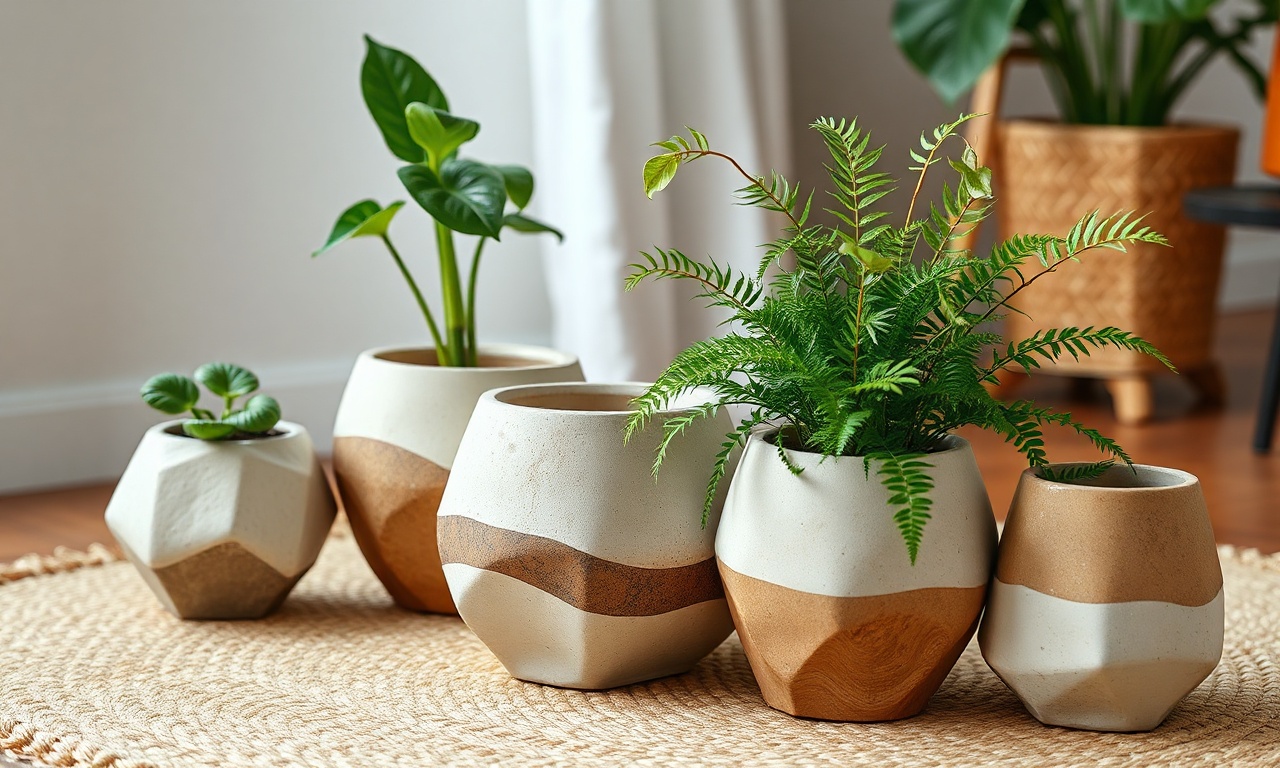 Close-up de vasos de cerâmica irregular com plantas verdes saudáveis, como jiboia e samambaia.