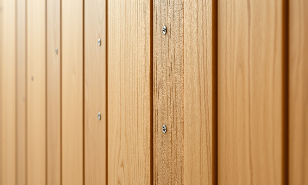 Close-up de um painel de ripado de madeira em MDF instalado verticalmente em uma parede, mostrando a textura e os parafusos.
