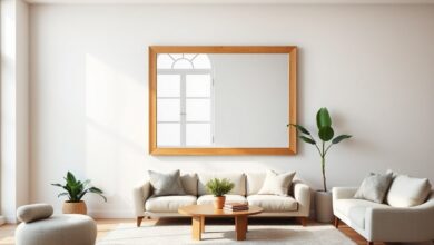 Sala de estar moderna com espelho grande na parede, refletindo a janela e criando sensação de amplitude.