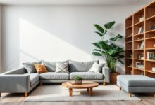 Sala de estar moderna e organizada, com móveis de linhas retas, cores neutras e elementos naturais, ilustrando a harmonia de um estilo definido.