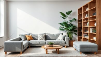 Sala de estar moderna e organizada, com móveis de linhas retas, cores neutras e elementos naturais, ilustrando a harmonia de um estilo definido.