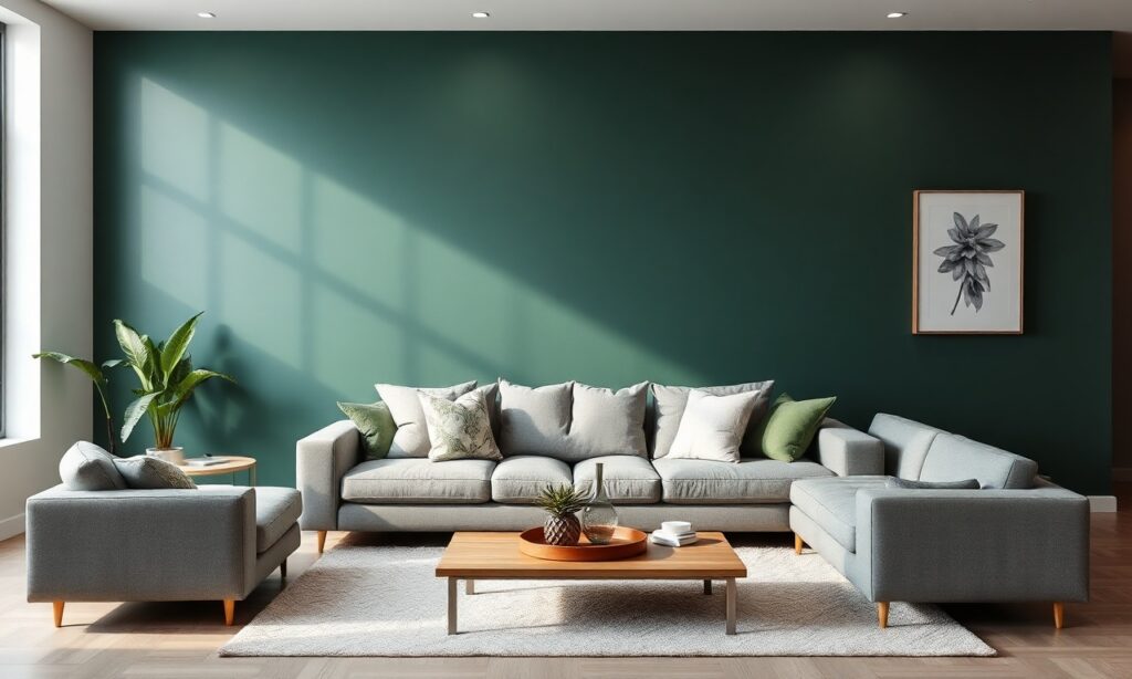 Vista ampla de uma sala de estar com uma parede de destaque em tom verde musgo atrás de um sofá cinza, com almofadas decorativas e iluminação natural.