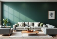 Vista ampla de uma sala de estar com uma parede de destaque em tom verde musgo atrás de um sofá cinza, com almofadas decorativas e iluminação natural.