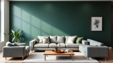 Vista ampla de uma sala de estar com uma parede de destaque em tom verde musgo atrás de um sofá cinza, com almofadas decorativas e iluminação natural.