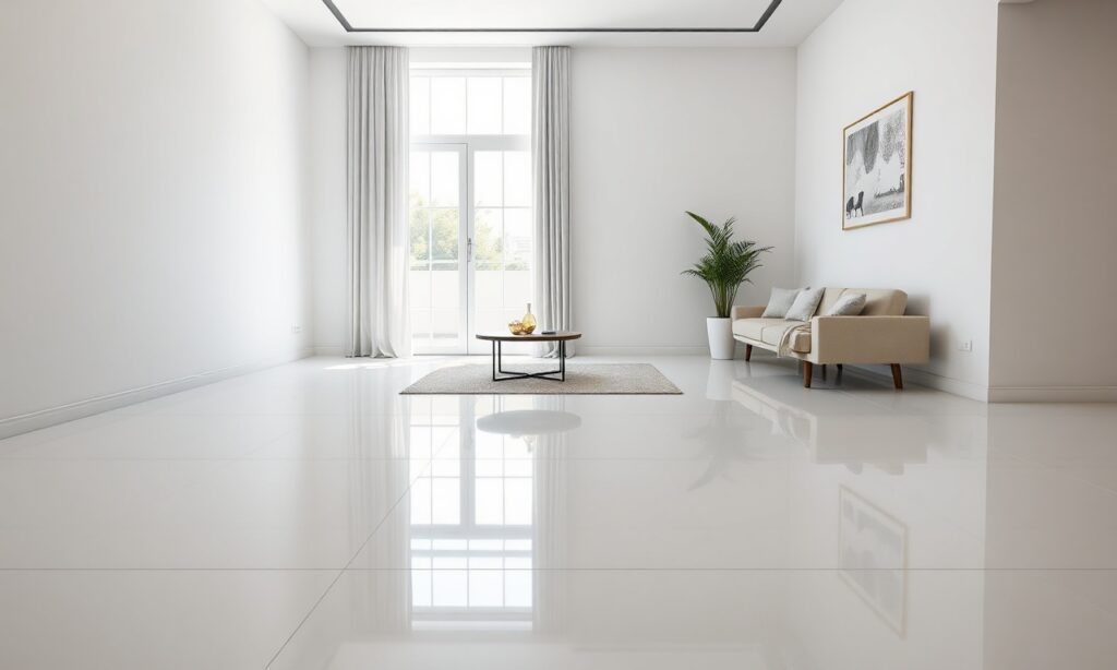 Sala de estar moderna com piso de porcelanato polido impecável, refletindo a luz natural da janela.