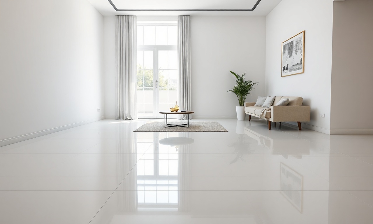 Sala de estar moderna com piso de porcelanato polido impecável, refletindo a luz natural da janela.