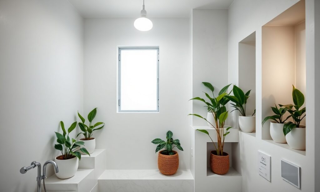 Vista ampla de um banheiro moderno e organizado, com plantas verdes em vasos em nichos e prateleiras, iluminadas por uma lâmpada LED.