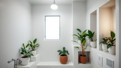 Vista ampla de um banheiro moderno e organizado, com plantas verdes em vasos em nichos e prateleiras, iluminadas por uma lâmpada LED.