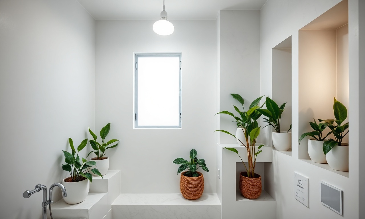 Vista ampla de um banheiro moderno e organizado, com plantas verdes em vasos em nichos e prateleiras, iluminadas por uma lâmpada LED.