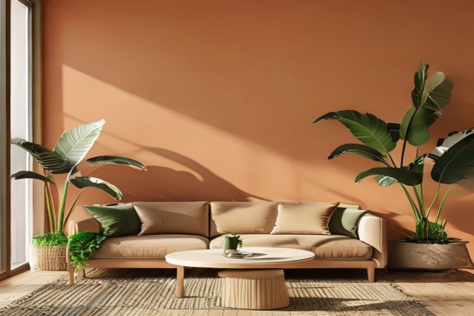 Sala moderna com parede de destaque em terracota e sofá bege