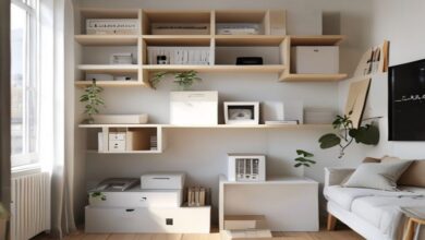 Apartamento pequeno perfeitamente organizado com prateleiras flutuantes e caixas de armazenamento
