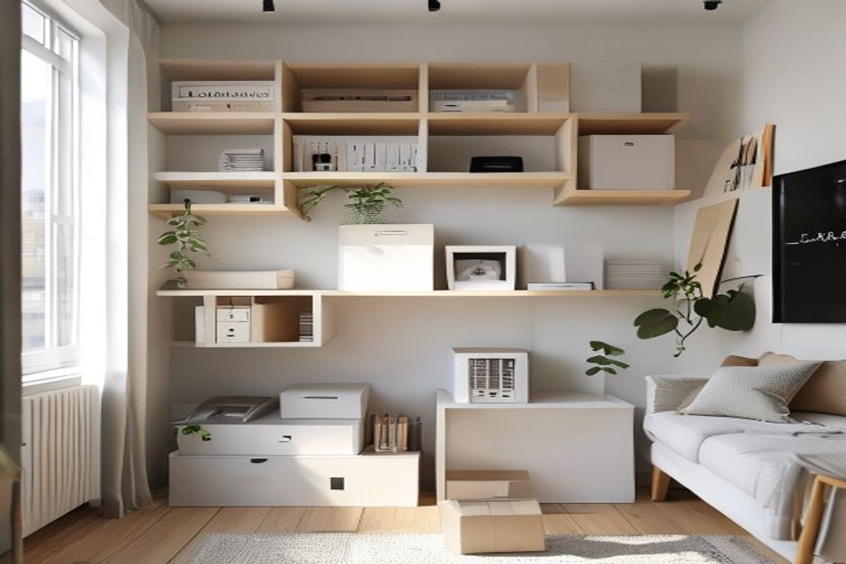 Apartamento pequeno perfeitamente organizado com prateleiras flutuantes e caixas de armazenamento