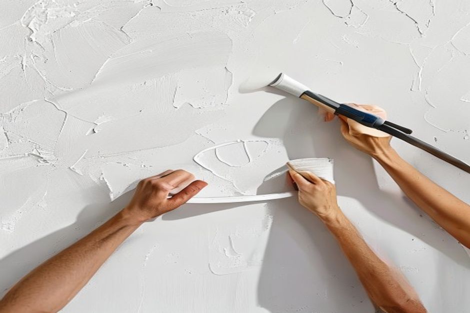 Mãos pintando parede branca com rolo em reforma residencial