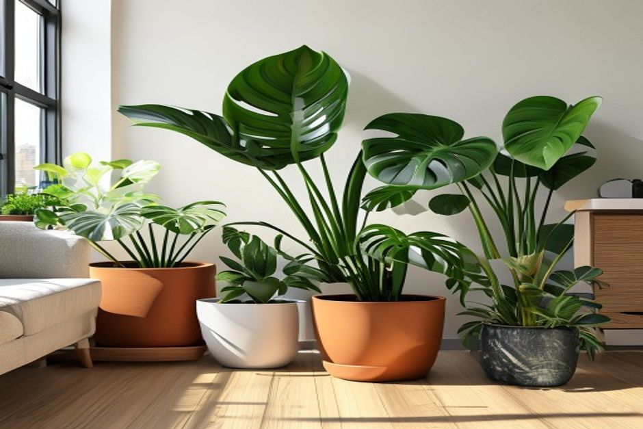 Coleção de plantas tropicais em vasos de cerâmica em sala moderna de apartamento