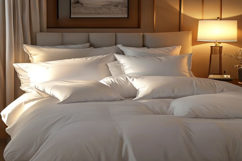 Travesseiros de diferentes alturas sobre cama com lençol branco hotel