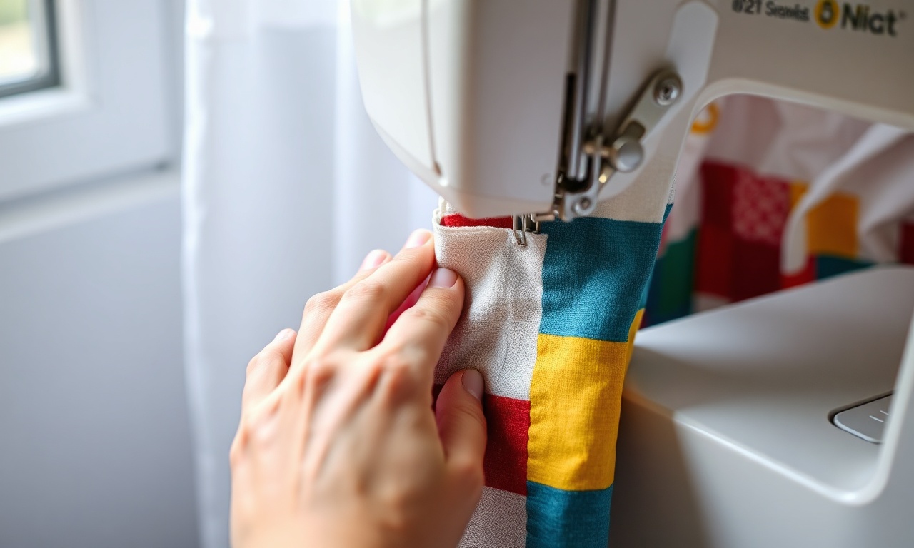 Mãos costurando quadrados de tecido colorido em uma máquina de costura.