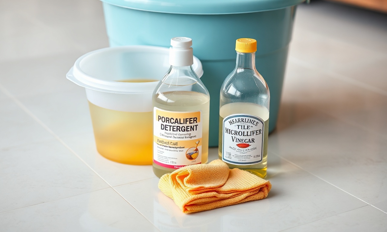 Balde com água morna, detergente neutro, pano de microfibra e vinagre de álcool sobre um piso de porcelanato.