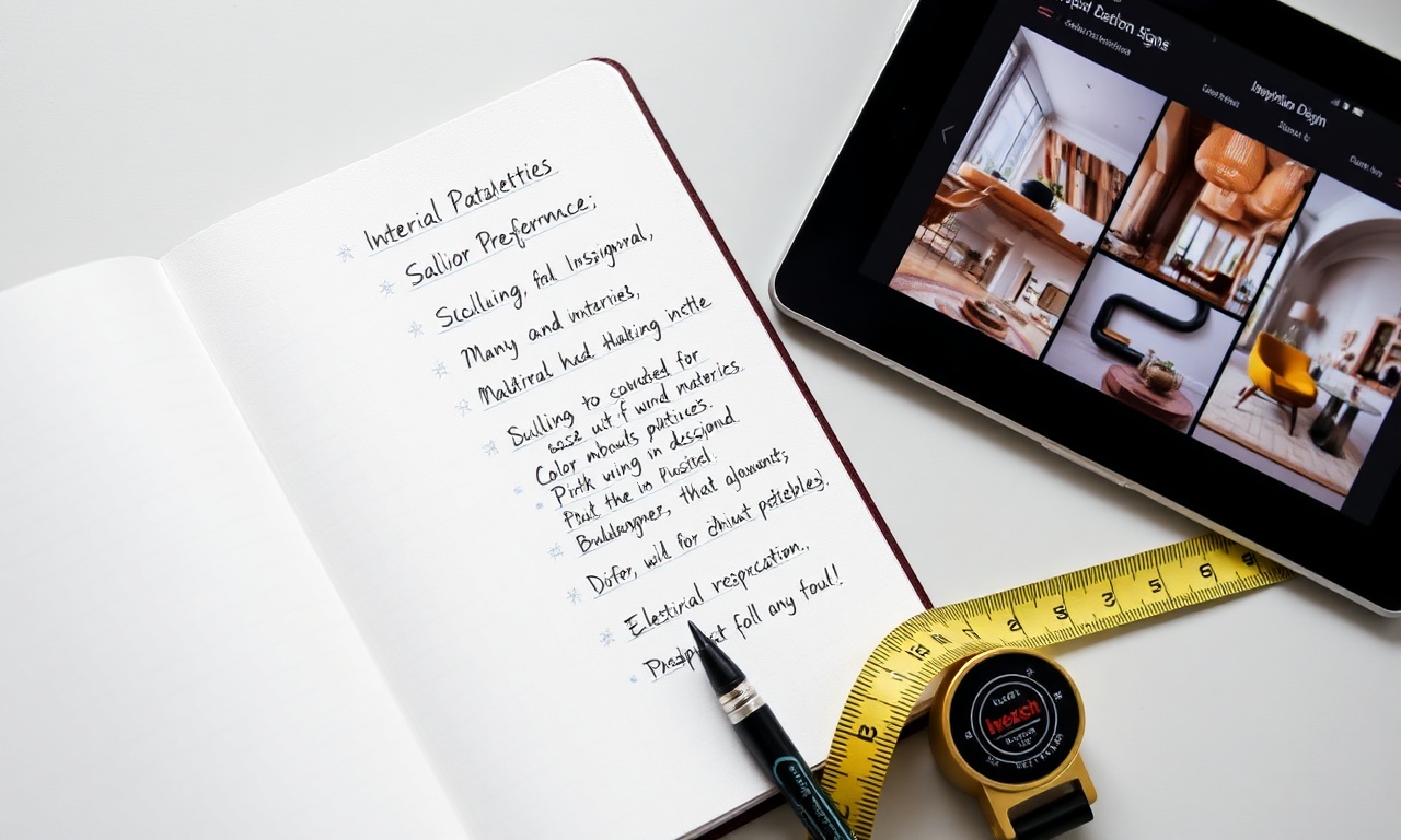 Caderno aberto com anotações sobre preferências de cores e materiais, ao lado de uma fita métrica e um tablet mostrando imagens de inspiração.