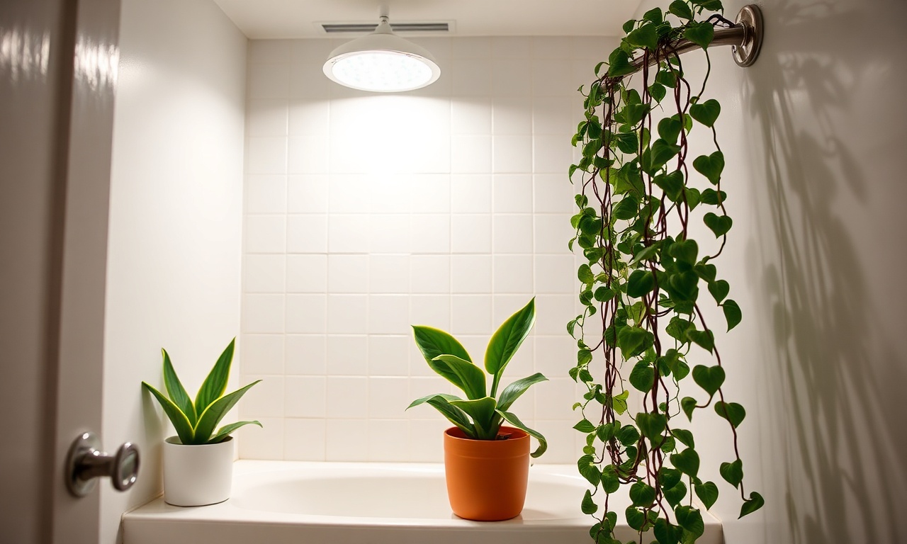 Banheiro finalizado, limpo e verde, com plantas crescendo saudáveis sob a luz da lâmpada LED.
