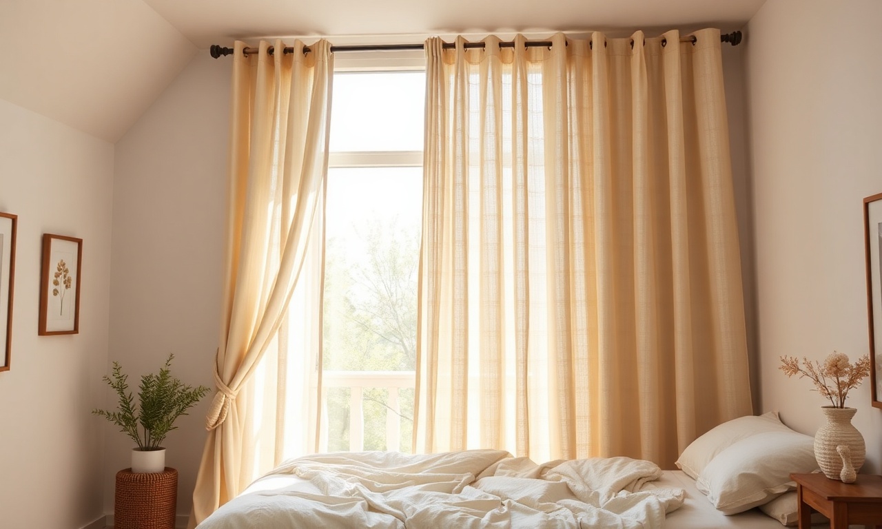 Quarto com cortina do teto ao chão em tecido de linho, demonstrando o efeito de alongamento visual.