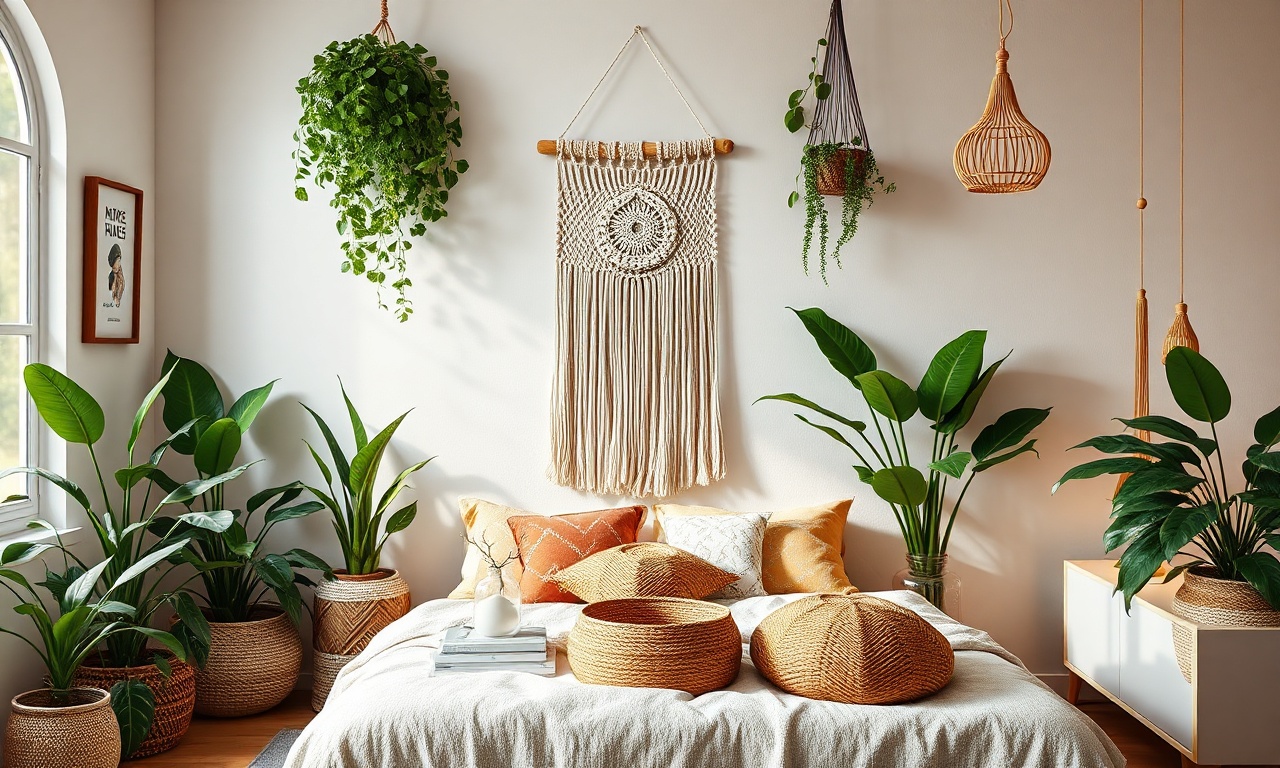Quarto ou sala totalmente decorado no estilo boho, com plantas vibrantes, macramê e iluminação quente.
