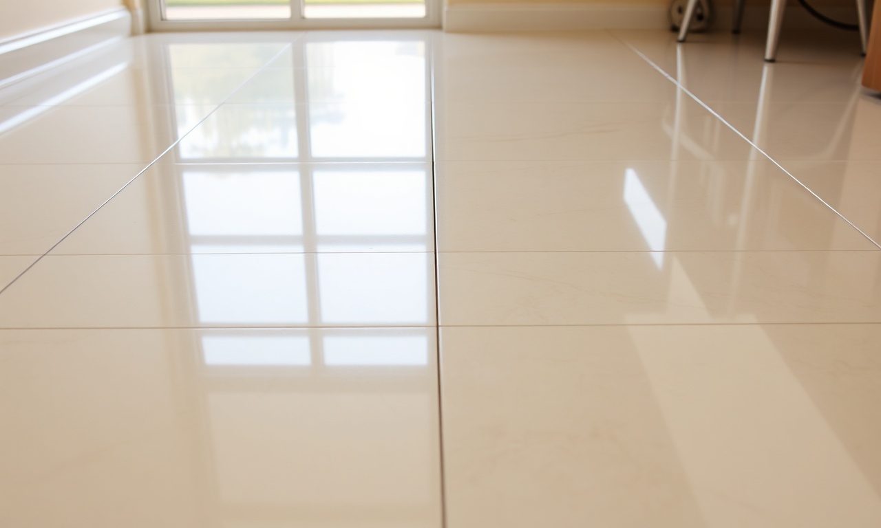 Detalhe do piso de porcelanato polido após a limpeza, mostrando o brilho espelhado e sem manchas.